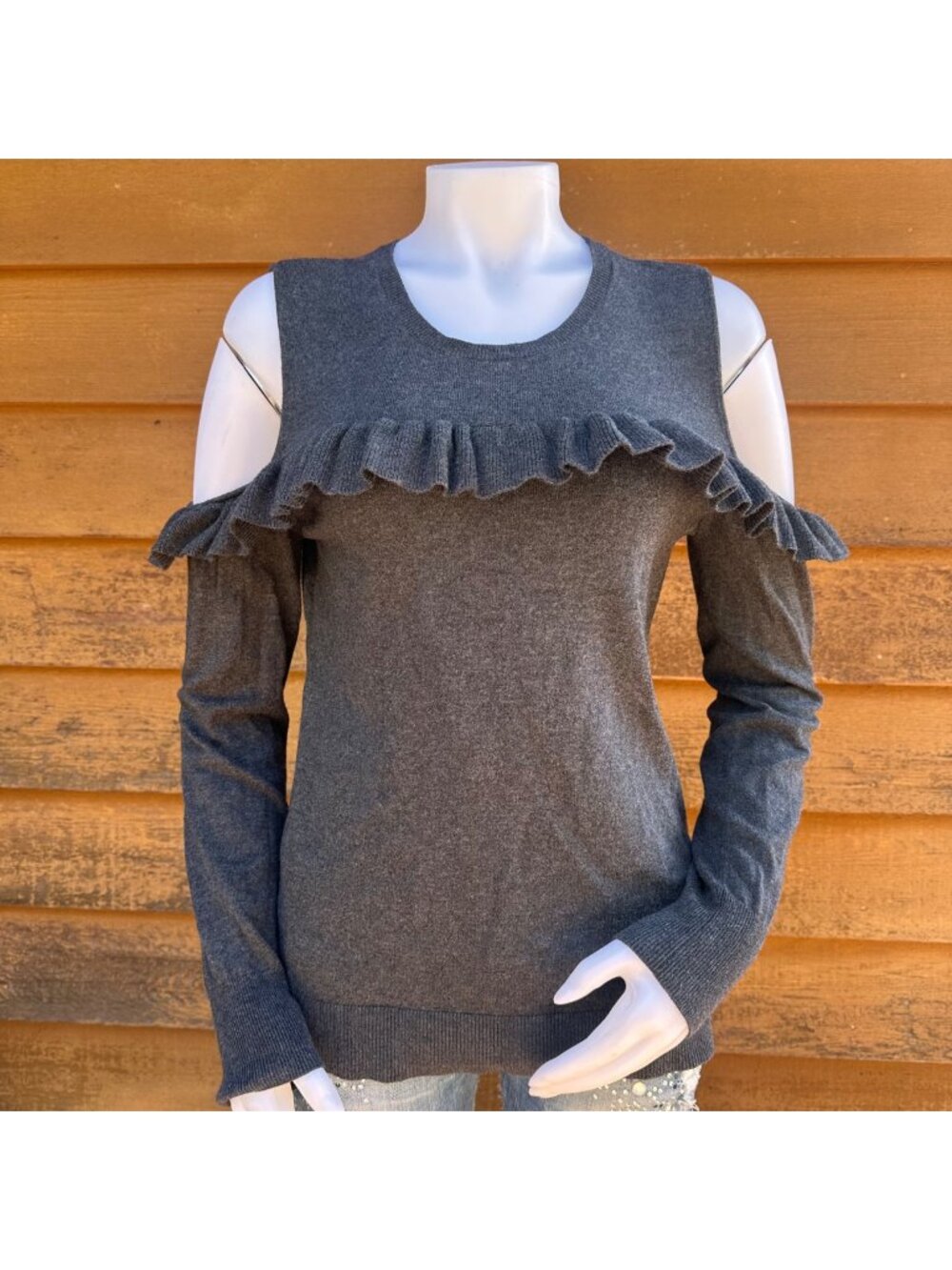 Michael Kors Cold Shoulder Ruffle Knit Sweater Charcoal Gray Long Sleeve Womens